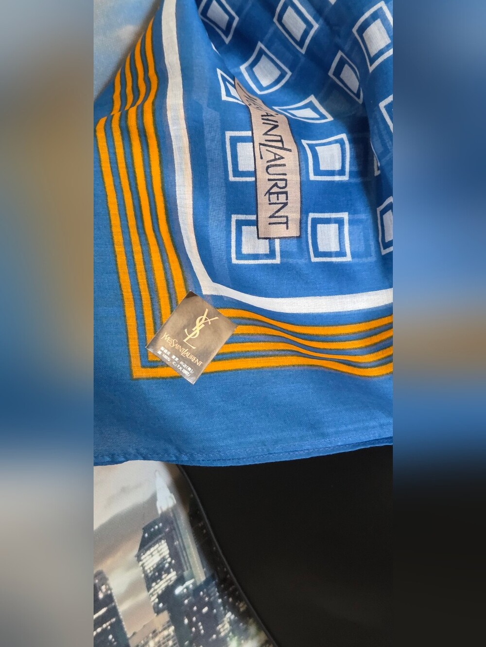 Yves Saint Laurent Blue and White Geometric Scarf with Gold Accents - Picture 9 of 12